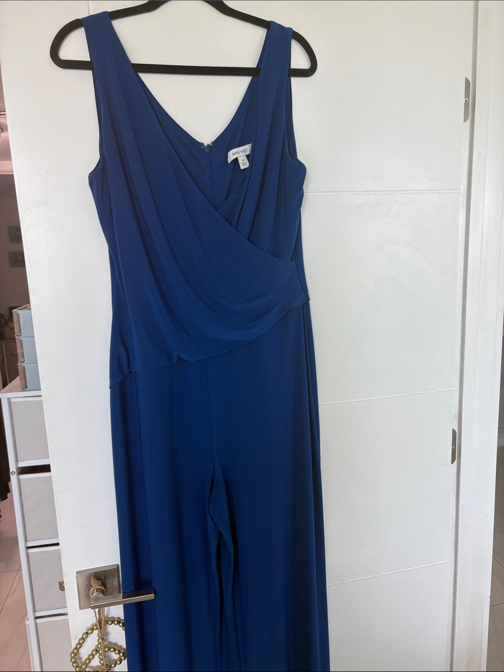 Nine West Deep Blue Sleeveless Draped Jumpsuit